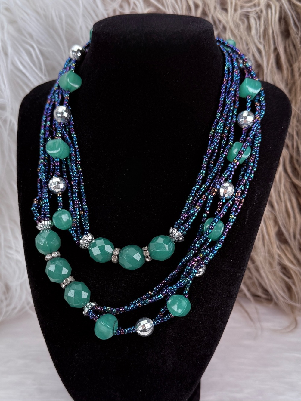 Vintage Multi Strand Iridescent Seed Bead Necklace Green Silver Statement Boho